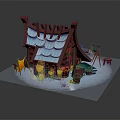 Cartoon Scene Featuring Red House Blue Tiled Roof Jagged Decorations Snowy Ground Yellow Play Furniture