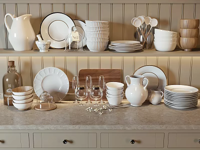 White Ceramic Dinnerware Set With Plates Bowls Pitchers And Glasses On Kitchen Shelf Countertop 3d model