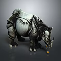 Ornate Black And White Rhino Game Movie Character With Artistic Patterns And Gold Coins