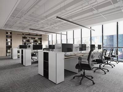 Modern Spacious Public Office Space Interior With Desks Office Chairs Computers And Large Windows 3d model