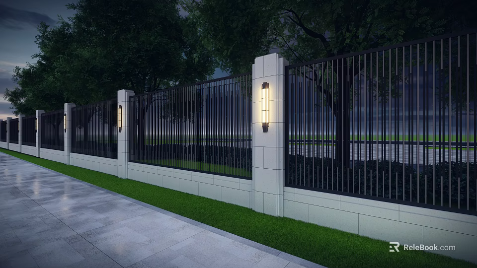 Elegant Building Exterior Wall Design With White Stone Black Metal Fence Lawn And Street Lights 3d model 