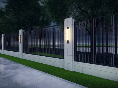Elegant Building Exterior Wall Design With White Stone Black Metal Fence Lawn And Street Lights 3d model
