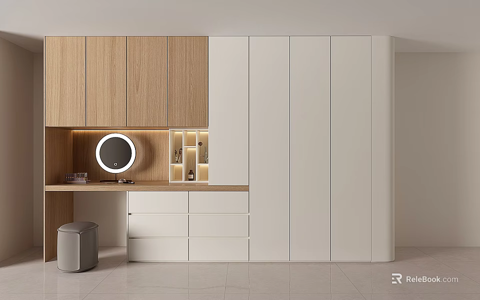 Modern Wooden and White Wardrobe with Round Mirror Dressing Table Drawers Open Shelves Sleek Design 3d model 