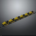 Row of Yellow Bumper Cars on Track Amusement Ride Equipment