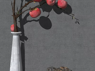 Decorative White Vase With Red Fruits On Branches Against Gray Backdrop 3d model