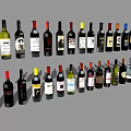 Wine Bottles And Glasses With Various Labels Arranged On Gray Background 3d model