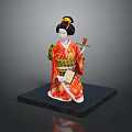 Traditional Woman In Red And Gold Kimono Holding Fan And Instrument Seated On Black Base