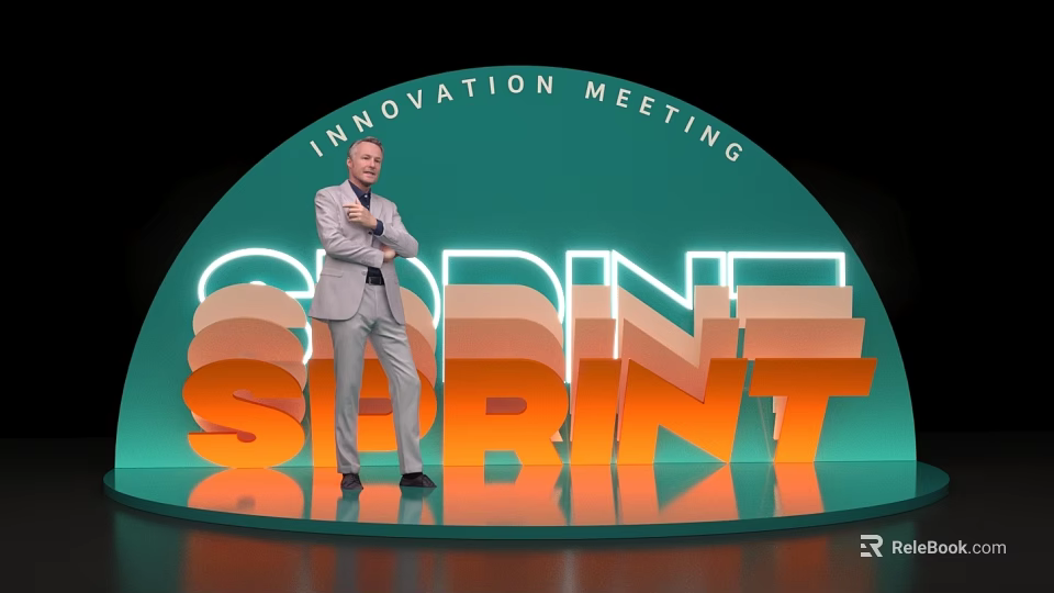 Modern Tech Exhibition Hall With Innovation Meeting Stage And Neon Design Sprint Signage 3d model 