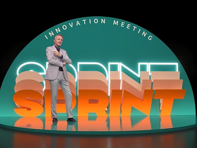 Modern Tech Exhibition Hall With Innovation Meeting Stage And Neon Design Sprint Signage 3d model