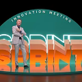 Modern Tech Exhibition Hall With Innovation Meeting Stage And Neon Design Sprint Signage
