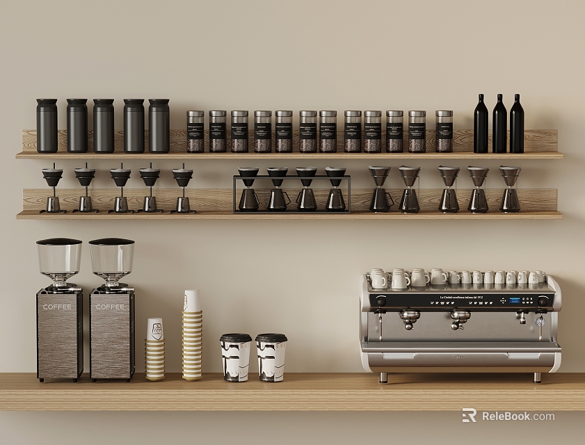 Modern Café Interior With Espresso Machine Coffee Grinders Cups And Wooden Shelves 3d model 