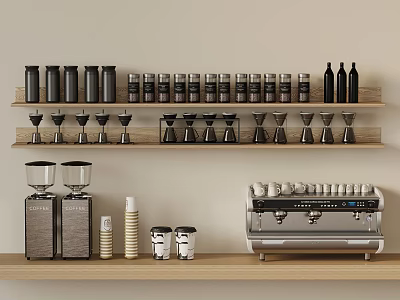 Modern Café Interior With Espresso Machine Coffee Grinders Cups And Wooden Shelves 3d model