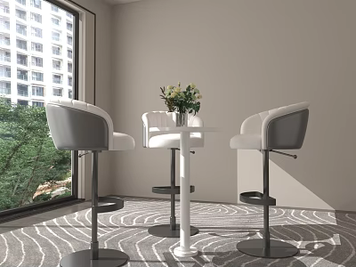Modern Dining Area Design With Bar Stools Small Table Flower Vase And Window Plants 3d model