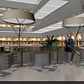 Public Chairs In Mall Interior With Umbrella Structures Plants And Tiled Floor