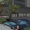 Traditional Courtyard Garden Design with Lush Trees Flowing Stream and Wooden Table Area