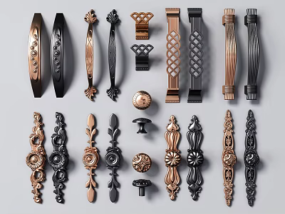 Various Decorative Cabinet And Drawer Handles In Metal Ornate And Modern Designs 3d model