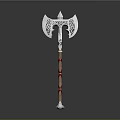 Elaborate Metal Axe With Decorative Patterns And Red White Handle As Fantasy Weapon