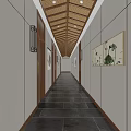 Traditional Hotel Corridor With Wooden Ceiling Slate Floor Wall Sconces And Decorative Paintings