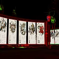 Cartoon Style Enchanting Forest Night View With Red Green Tree Trunks And Decorative Screen Structures