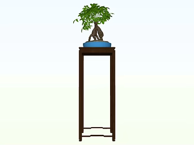 Artistic Bonsai Plant in Blue Pot with Lush Green Leaves on Wooden Stand 3d model