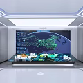 Futuristic White Exhibition Hall Featuring Model Base Sign Large Screen Earth Spaceship And Illuminated Lines
