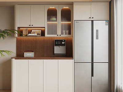Modern Wine Cabinet With Glass Doors And Built In Lighting In Kitchen Interior 3d model
