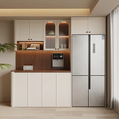 Modern Wine Cabinet With Glass Doors And Built In Lighting In Kitchen Interior 3d model