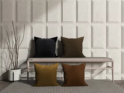 Elegant Black Brown Tan Decorative Pillows On Bench Against White Paneled Wall 3d model