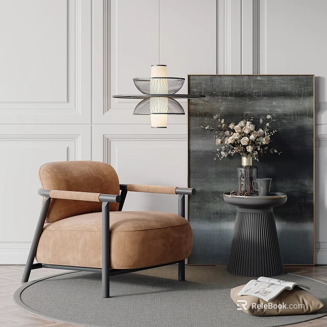 Brown Upholstered Single Seater Sofa With Black Armrests By Side Table Pendant Light And Abstract Painting 3d model 