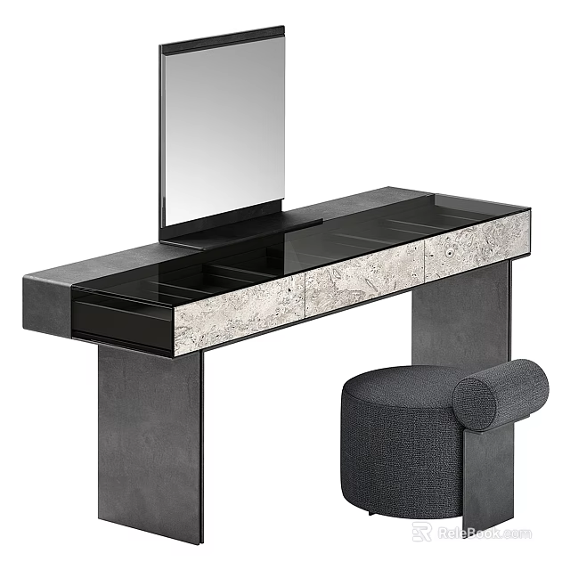 Modern Vanity Table With Black Frame Marble Panels Mirror And Gray Stool 3d model