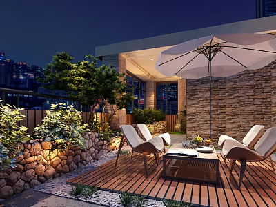 Rooftop Garden With Wooden Deck Green Plants Stone Wall Umbrella And City Night View 3d model