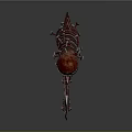 Ancient Red And Brown Crossbow With Long Body And Wooden Stand Base