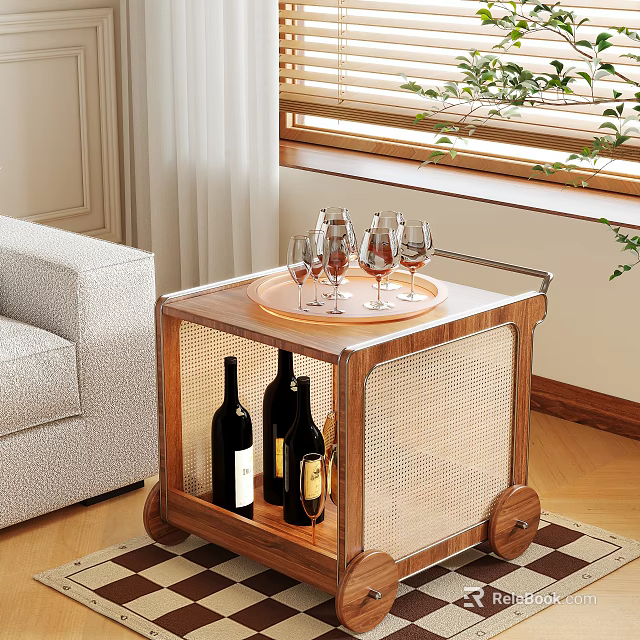 Wooden Rattan Rolling Side Table with Wine Glass Tray and Wine Storage for Living Room 3d model 