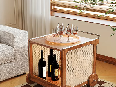 Wooden Rattan Rolling Side Table with Wine Glass Tray and Wine Storage for Living Room 3d model