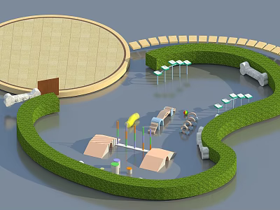 Garden Landscape Design With Trimmed Green Shrubs Circular Plaza Curved Paths And Lamp Posts 3d model