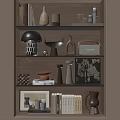 Modern Decorative Ornament Set With Vase Lamp Books And Artwork On Wooden Shelf