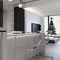Modern Restaurant Interior With White Cabinets Marble Countertops Dining Table Metal Chairs And Pendant Lights