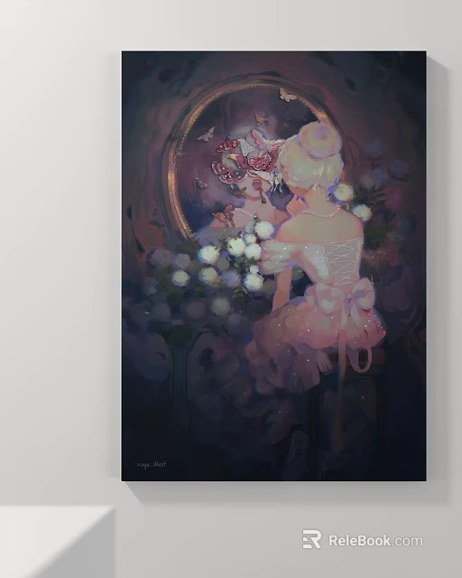 Abstract Painting Of Woman In Pink Dress With Flowers Mirror And Butterflies 3d model 