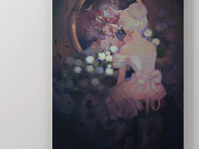 Abstract Painting Of Woman In Pink Dress With Flowers Mirror And Butterflies 3d model