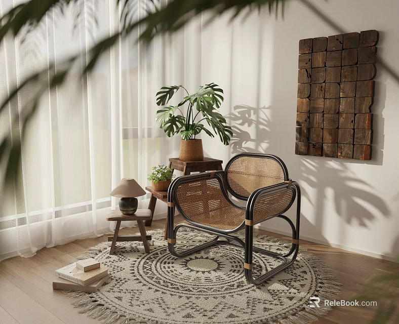 Comfortable Rattan Leisure Chair in Sunlit Corner with Woven Rug Potted Plants and Wooden Art 3d model 