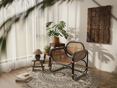 Comfortable Rattan Leisure Chair in Sunlit Corner with Woven Rug Potted Plants and Wooden Art 3d model