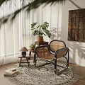 Comfortable Rattan Leisure Chair in Sunlit Corner with Woven Rug Potted Plants and Wooden Art