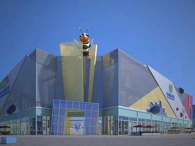Modern Commercial Complex Architecture Featuring Large Bee Sculpture Glass Curtain Walls And Colorful Decorations 3d model