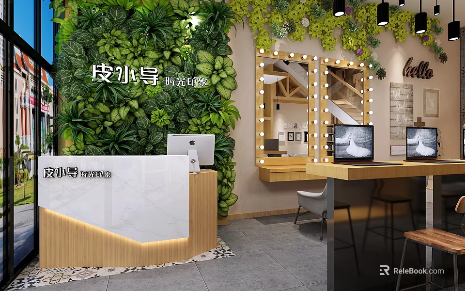 Bridal Shop Interior With Greenery Wall Marble Counter And Lighted Vanity Mirrors 3d model 