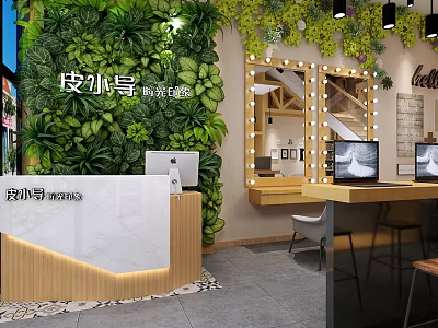 Bridal Shop Interior With Greenery Wall Marble Counter And Lighted Vanity Mirrors 3d model