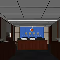 Formal Court Procuratorate Hearing Interior with Wooden Desks Blue Background and Emblem