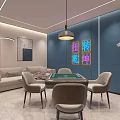 Modern Hotel Mahjong Room With Blue Walls Sofa Seating Mahjong Table And Neon Decor