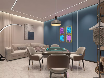 Modern Hotel Mahjong Room With Blue Walls Sofa Seating Mahjong Table And Neon Decor 3d model