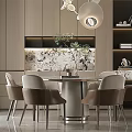 Modern Restaurant Interior With Round Dining Table Gray Chairs Pendant Lights And Marble Backsplash 3d model