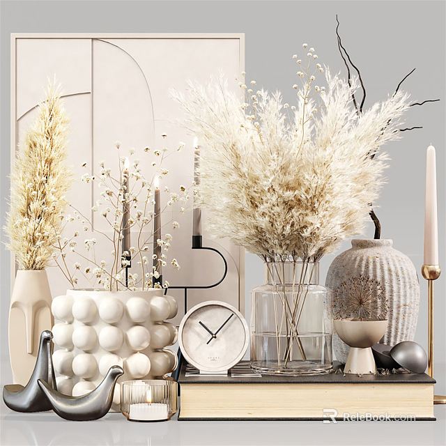 Elegant Modern Decorative Ornaments Set With Pampas Grass Vases Clock And Spherical Pieces 3d model 